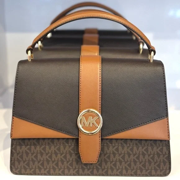 Michael Kors Greenwich Medium Signature Logo Satchel Bag Brown Multi